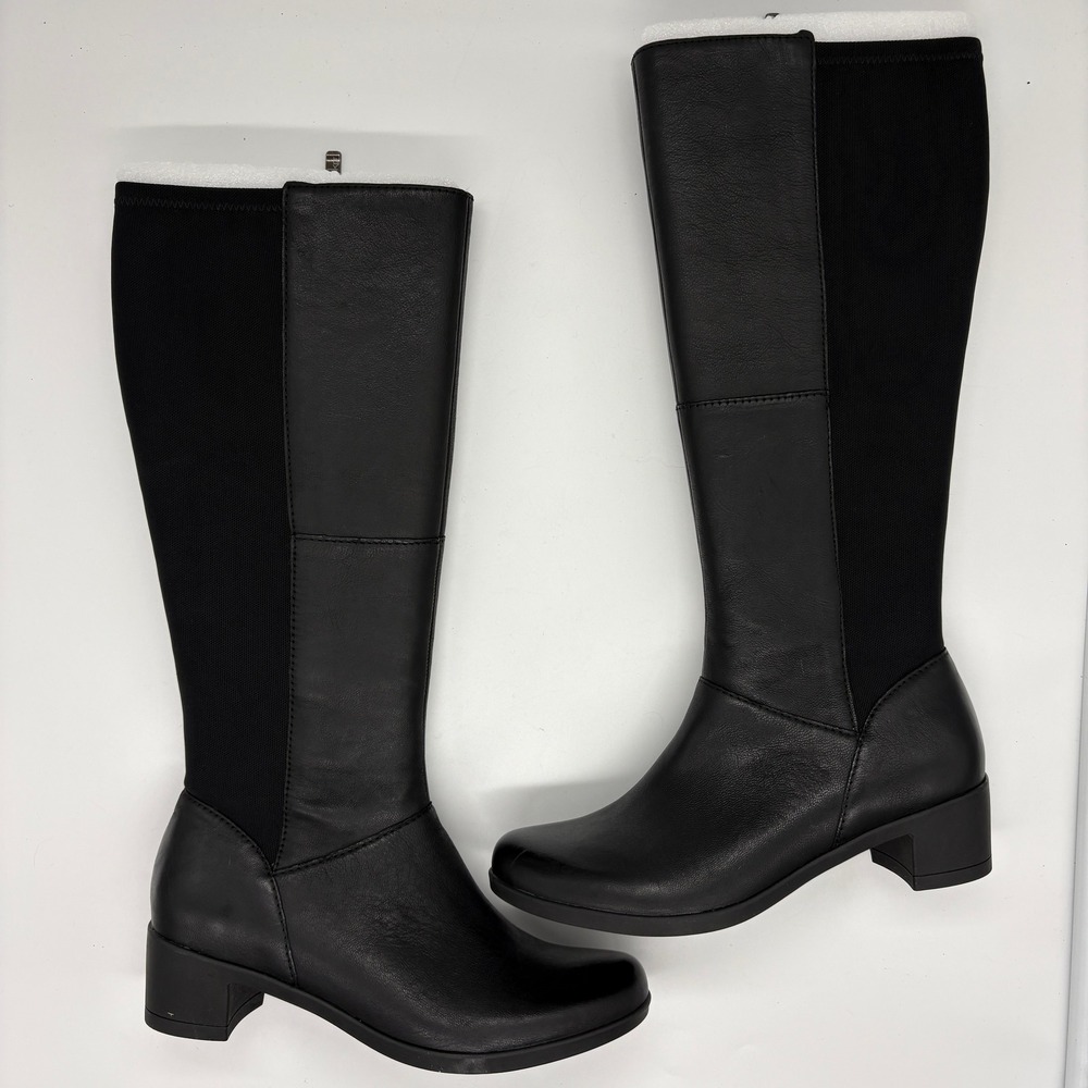 NWOT Dansko Celestine Black Leather Tall Riding Boots Stretch Back Size 37 US 7